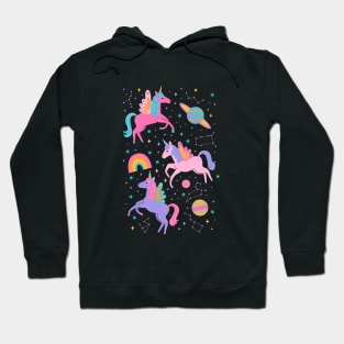 Space Unicorns - Neon Rainbow on Black Hoodie